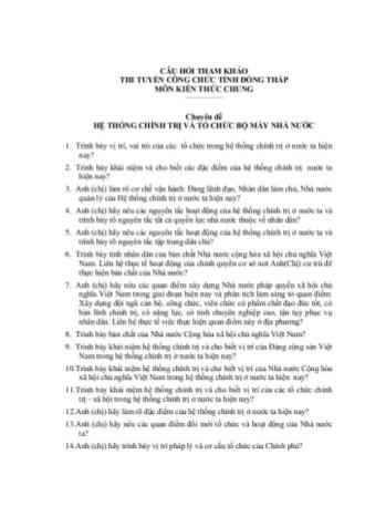 Câu hỏi tham khảo thi tuyển công chức môn Kiến thức chung tỉnh Đồng Tháp - Chuyên đề: Hệ thống chính trị và tổ chức bộ máy Nhà nước