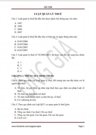 Câu hỏi trắc nghiệm Luật quản lí thuế (Có đáp án)