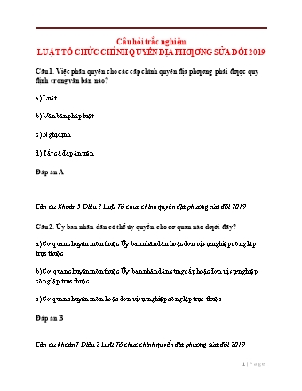 Câu hỏi trắc nghiệm Luật tổ chức chính quyền địa phương sửa đổi 2019 (Có đáp án)