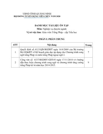 Danh mục tài liệu ôn tập tuyển dụng viên chức năm 2020 - Môn: Nghiệp vụ chuyên ngành - Vị trí: Giáo viên Tiếng Pháp cấp Tiểu học