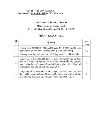 Danh mục tài liệu ôn tập tuyển dụng viên chức năm 2020 - Môn: Nghiệp vụ chuyên ngành - Vị trí: Giáo viên Vật lý cấp THPT