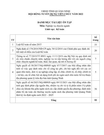 Danh mục tài liệu ôn tập tuyển dụng viên chức năm 2022 - Môn: Nghiệp vụ chuyên ngành - Lĩnh vực: Kế toán