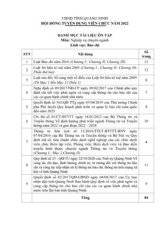 Danh mục tài liệu ôn tập tuyển dụng viên chức năm 2022 - Môn: Nghiệp vụ chuyên ngành - Lĩnh vực: Báo chí