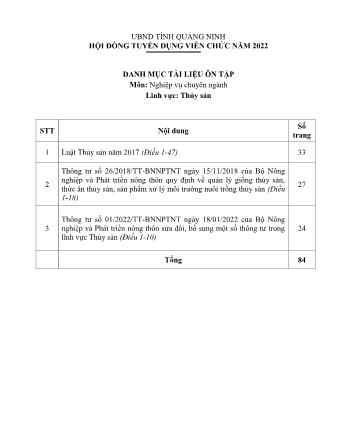 Danh mục tài liệu ôn tập tuyển dụng viên chức năm 2022 - Môn: Nghiệp vụ chuyên ngành - Lĩnh vực: Thủy sản