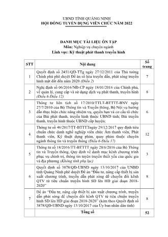 Danh mục tài liệu ôn tập tuyển dụng viên chức năm 2022 - Môn: Nghiệp vụ chuyên ngành - Lĩnh vực: Kỹ thuật phát thanh truyền hình