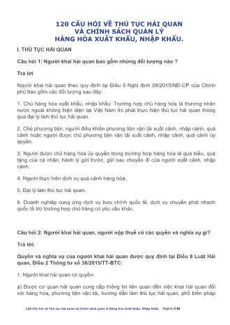 120 Câu hỏi về thủ tục Hải quan và chính sách quản lý hàng hóa xuất khẩu, nhập khẩu