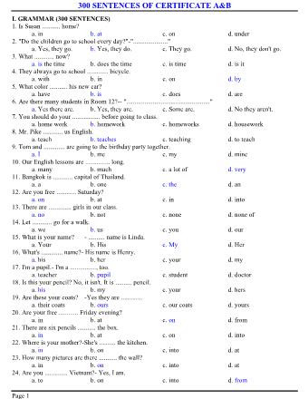 300 Câu kiểm tra Tiếng Anh trình độ A và B ôn thi công chức (Có đáp án)