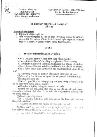 Đề thi môn Pháp luật Hải quan (Đề số 1)