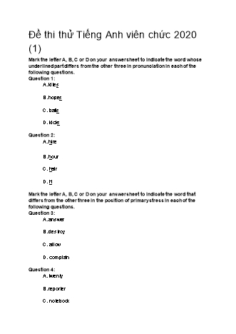 Đề thi thử Tiếng Anh viên chức năm 2020 (Đề 1)